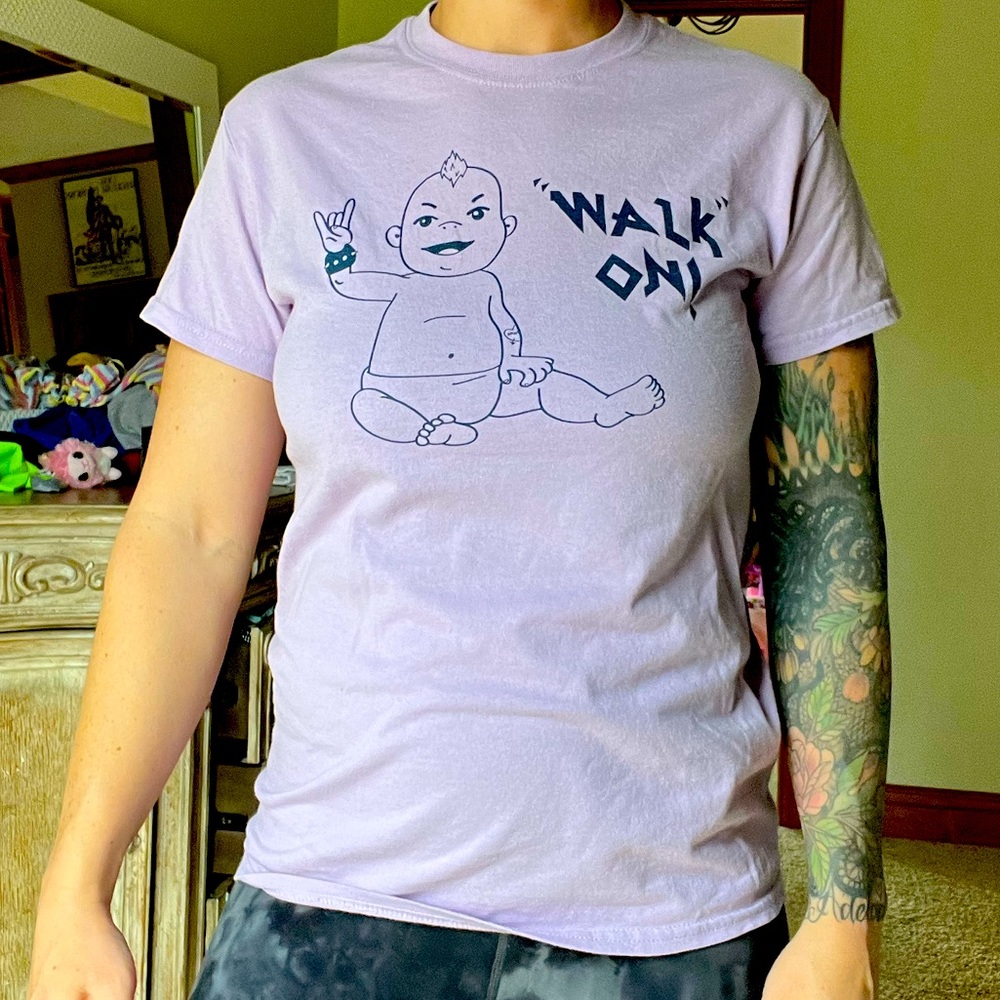 Lavender tattooed baby “Walk On” softball tshirt.